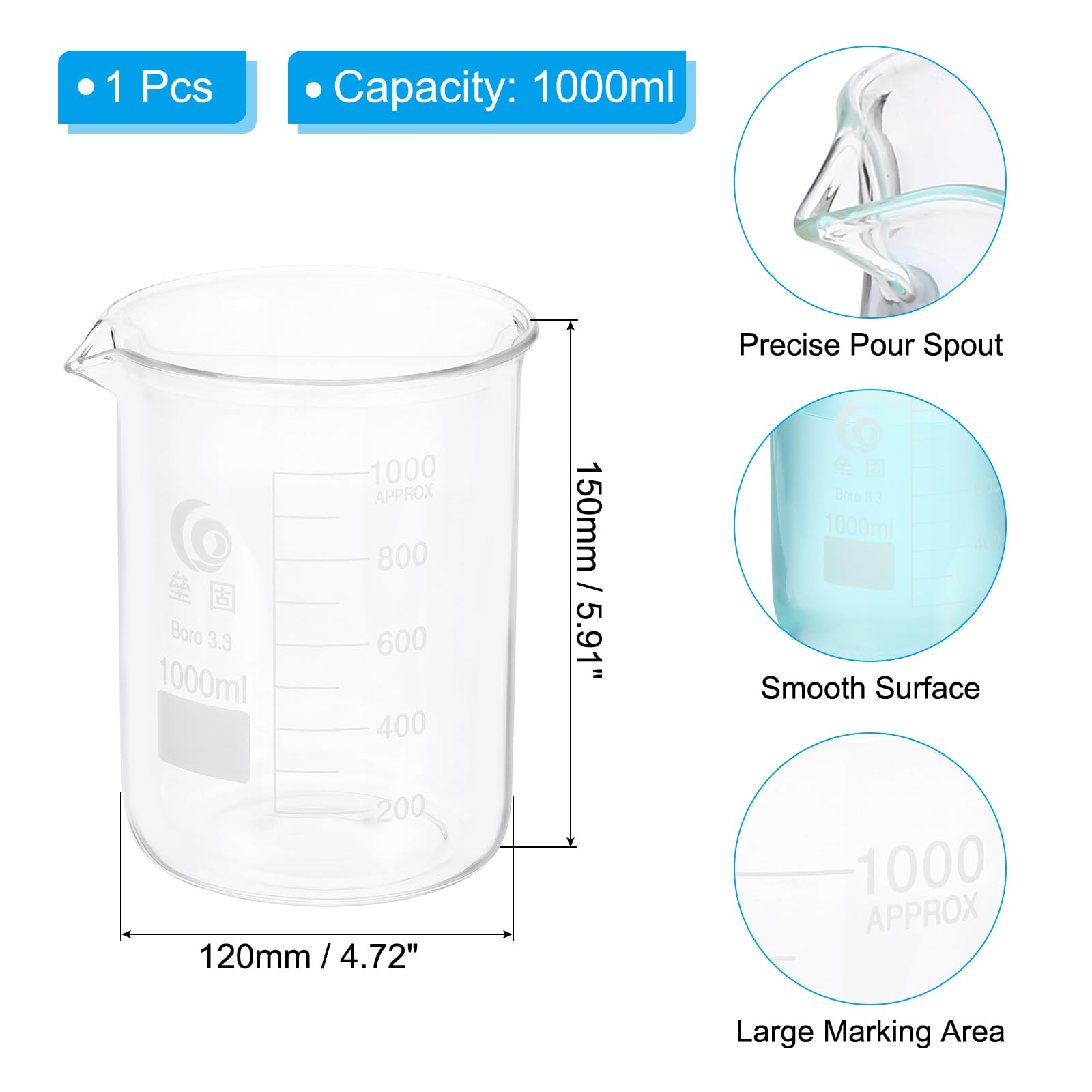 selectableの【送料無料】PATIKIL 1000ml ローフォーム ガラス ビーカー 1Pcs 3.3 ホウケイ酸 ガラス 製 目盛り 付き 計量 カップ 注ぎ口 付き 実験 調理 ベーキング 用 透明｜アングル2