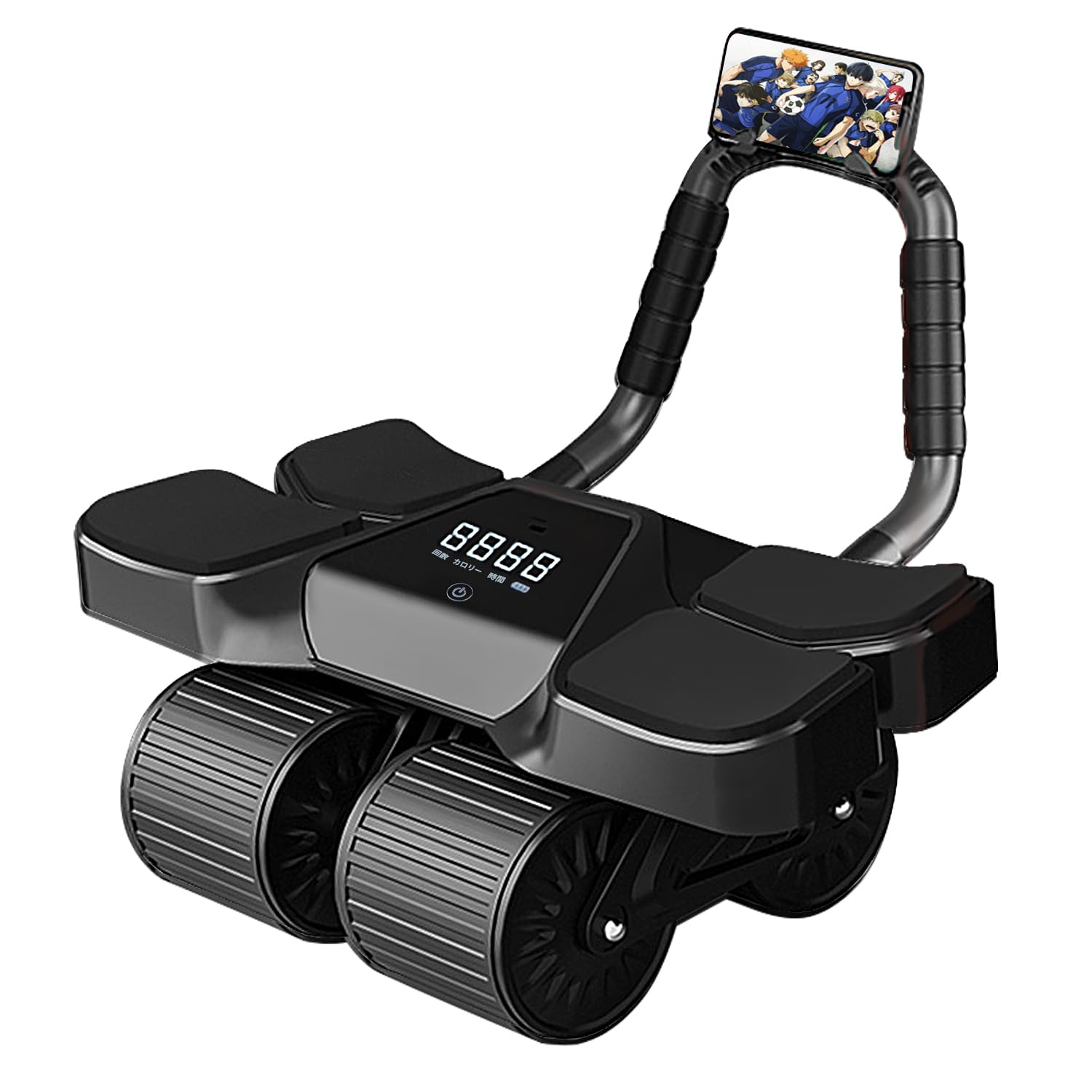 【運動データが一目瞭然】進化されたこの腹筋ローラーには、タッチ可能な液晶ディスプレイが搭載されており、回数 時間 消費カロリー がリアルタイムで正しく表示されます。これにより、いつでも自分の運動データを把握しながら、トレーニングの量 強度を調整して運動効果を高めます。また、Type-Cで充電することができ、満充電になると、最大で10時間駆動可能です。【安定性 快適さアップ】この腹筋ローラーには、安定性向上に役立つ四つのホイールが搭載されています。また、四つのホイールが搭載により、運動中の横揺れや転倒などによる不安も解消。と同時に、アームレストをより広く厚くし、滑り止め 汗吸収に優れるグリップカバーも追加しました。これにより、運動中に快適さが向上し、やり続ける力もアップ!【効率よく運動できる】この腹筋ローラーには、自動でリバウンドする機能が搭載されており、手動で引き戻す手間が省かれ、トレーニング効率が高まり、初心者にとっても利用しやすくなります。と同時に、上級者が高強度のトレーニングを行いたいというご要望に応じて、腹筋ローラーが前方に転がる距離が大きければ大きいほど、蓄積された弾性力が大きくなるというデザインを施しました。これにより、より強い抵抗を感じることができ、腹筋トレの効果も期待できます。【組立簡単 持ち運びやすい】本製品にはバックルデザインが施され、5秒で取り付けが完了します。初心者でも短時間で簡単に組み立てることができ、場所を取らず、床を傷つけず、周りの方々に迷惑をかけず、家の中で気軽に利用できます。【トレーニング頻度&アフターサポート】初心者の場合、週に3日のトレーニング頻度がおすすめです。セット間に1分の休憩時間を挟んで、5回/セットx3という目安がおすすめの数字です。ご都合に合わせてトレーニング頻度 時間を調整してトレーニングを行ってください。また、運動した翌日に軽い筋肉痛を感じることはあります。そのほか、本製品には一年間保証が付いております。何かご不明 ご意見がございましたら、お気軽にご連絡いただければ幸いです。腹筋ローラー アブローラー 四輪 膝マ 了承しました。 A.充電ケーブル B.スマホスタンド 参加しません