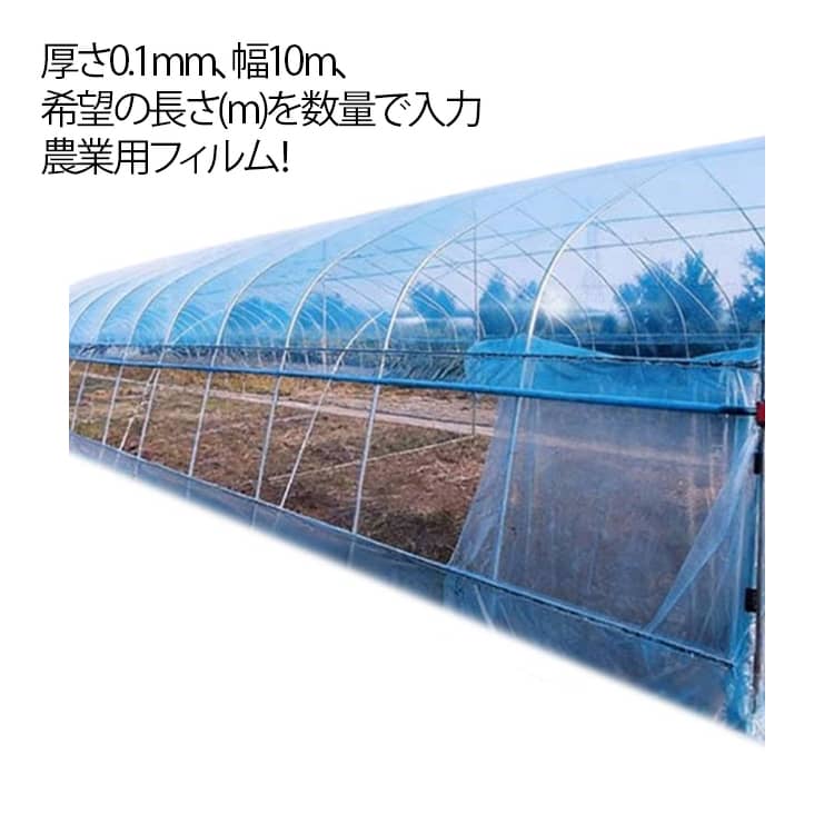 厚さ0.1mm、幅10m、希望の長さ(m)を数量で入力 農業用フィルム!優れた保温力と耐久性がありトンネル栽培や雨よけ栽培に最適なフィルムです。高い強度と透明性。流滴性に優れ、光を良く通します。優れた透明性を維持するので長期展張でも問題ありません。サイズ厚さ0.1mmサイズについての説明サイズ:厚さ0.1mm※画像の商品は光の照射や角度により、実物と色味が異なる場合がございます。また表示のサイズ感と実物は若干異なる場合もございますので、予めご了承ください。※サイズ感につきましては体型により異なりますので、予めご了承ください。※サイズ詳細等の測り方はスタッフ間で統一、徹底はしておりますが、実寸は商品によって若干の誤差がある場合がございますので、予めご了承ください。素材ビニール色幅10m備考サイズ詳細等の測り方はスタッフ間で統一、徹底はしておりますが、実寸は商品によって若干の誤差(1cm〜3cm )がある場合がございますので、予めご了承ください。製造ロットにより、細部形状の違いや、同色でも色味に多少の誤差が生じます。パッケージは改良のため予告なく仕様を変更する場合があります。▼商品の色は、撮影時の光や、お客様のモニターの色具合などにより、実際の商品と異なる場合がございます。あらかじめ、ご了承ください。▼生地の特性上、やや匂いが強く感じられるものもございます。数日のご使用や陰干しなどで気になる匂いはほとんど感じられなくなります。▼同じ商品でも生産時期により形やサイズ、カラーに多少の誤差が生じる場合もございます。▼他店舗でも在庫を共有して販売をしている為、受注後欠品となる場合もございます。予め、ご了承お願い申し上げます。▼希望の長さを数量で入力 厚さ 経済的厚さ0.1mm、幅10m、希望の長さ(m)を数量で入力 農業用フィルム!優れた保温力と耐久性がありトンネル栽培や雨よけ栽培に最適なフィルムです。高い強度と透明性。流滴性に優れ、光を良く通します。優れた透明性を維持するので長期展張でも問題ありません。サイズ厚さ0.1mmサイズについての説明サイズ:厚さ0.1mm※画像の商品は光の照射や角度により、実物と色味が異なる場合がございます。また表示のサイズ感と実物は若干異なる場合もございますので、予めご了承ください。※サイズ感につきましては体型により異なりますので、予めご了承ください。※サイズ詳細等の測り方はスタッフ間で統一、徹底はしておりますが、実寸は商品によって若干の誤差がある場合がございますので、予めご了承ください。素材ビニール色幅10m備考サイズ詳細等の測り方はスタッフ間で統一、徹底はしておりますが、実寸は商品によって若干の誤差(1cm〜3cm )がある場合がございますので、予めご了承ください。製造ロットにより、細部形状の違いや、同色でも色味に多少の誤差が生じます。パッケージは改良のため予告なく仕様を変更する場合があります。▼商品の色は、撮影時の光や、お客様のモニターの色具合などにより、実際の商品と異なる場合がございます。あらかじめ、ご了承ください。▼生地の特性上、やや匂いが強く感じられるものもございます。数日のご使用や陰干しなどで気になる匂いはほとんど感じられなくなります。▼同じ商品でも生産時期により形やサイズ、カラーに多少の誤差が生じる場合もございます。▼他店舗でも在庫を共有して販売をしている為、受注後欠品となる場合もございます。予め、ご了承お願い申し上げます。▼希望の長さを数量で入力 厚さ 経済的