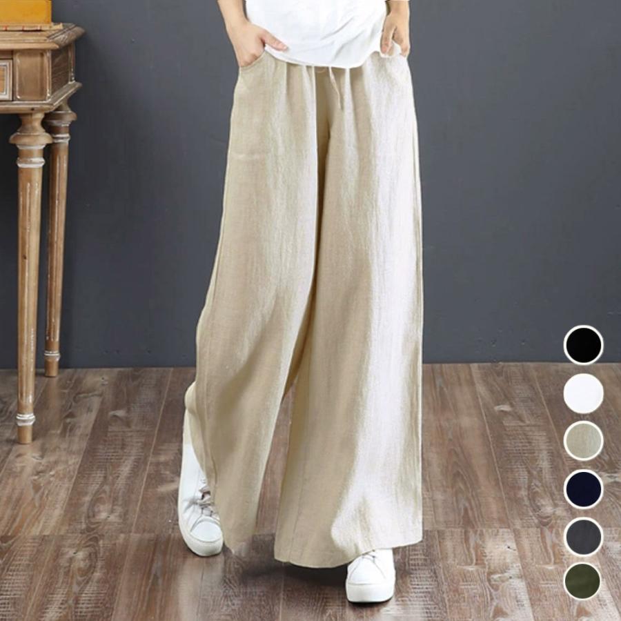 樂天商城 - 綿麻ワイドパンツ ロングパンツ春秋 おしゃれ キレイめ かわいい ゆったり 落ち感 脚長効果 着やせ 体型カバー 50代 30代 40代