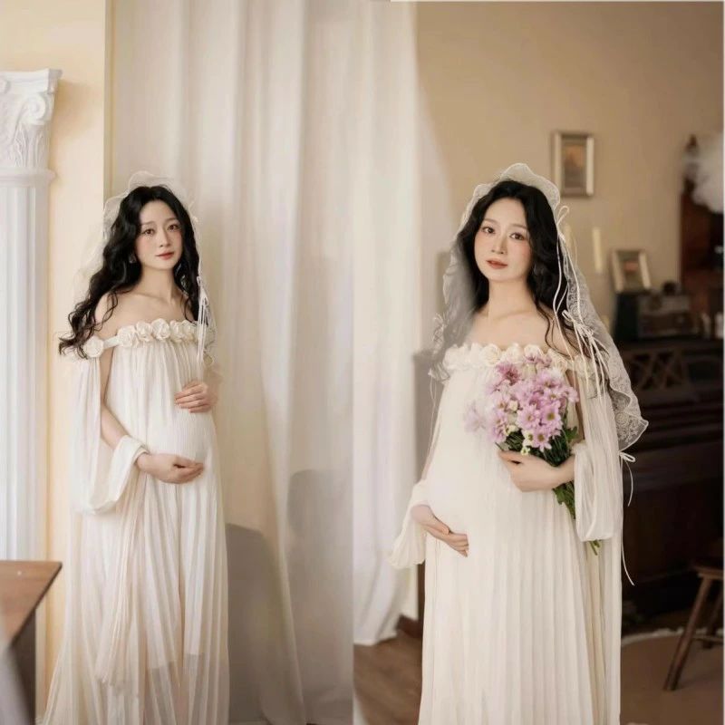 マタニティフォト 衣装 ドレス プリーツ オフショルダー 花モチーフ ロング 白 妊...