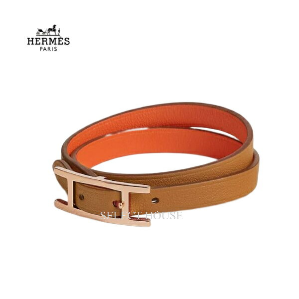 エルメスのブレスレット（レディース） 新品 お取り寄せHERMES エルメスブレスレット 《Bracelet Behapi Double Tour》【正規店直接買付品】レディースアクセサリーブレスレットブラウンオレンジローズゴールドレザーリバーシブルH064647CDBKT1