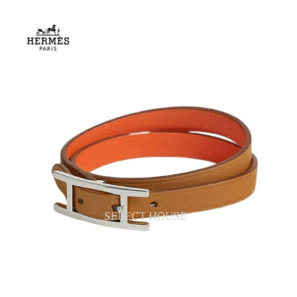 エルメスのブレスレット（レディース） 新品 お取り寄せHERMES エルメスブレスレット 《Bracelet Behapi Double Tour》【正規店直接買付品】レディースアクセサリーブレスレットブラウンオレンジシルバーリバーシブルレザーH064647CKBKT3