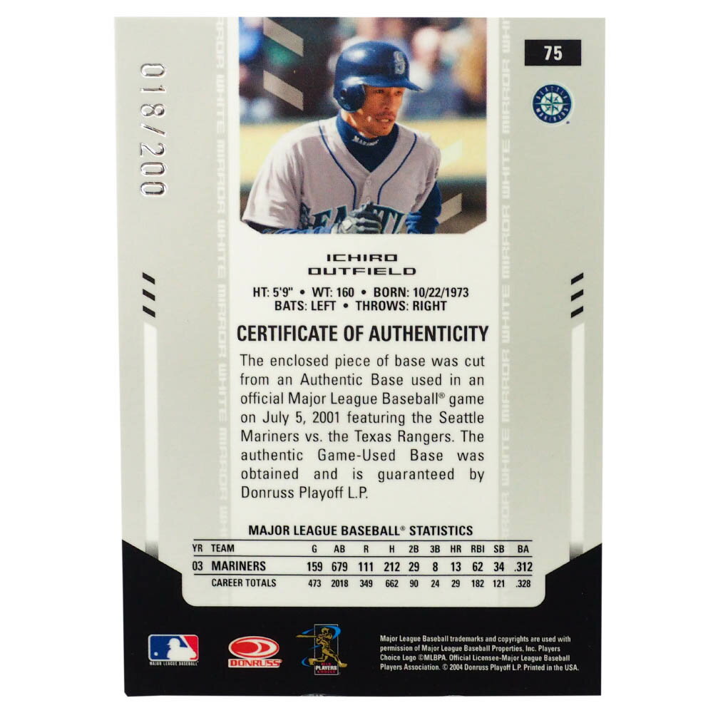 MLB イチロー シアトル・マリナーズ トレーディングカード/スポーツカード 2004 #75 ゲーム ユーズド ベース 18/200 Donruss