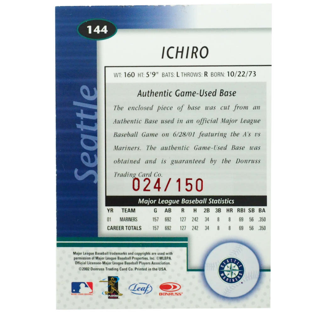 MLB イチロー シアトル・マリナーズ トレーディングカード/スポーツカード 2001 Rookie Ichiro #144 Used Base 24/150 Donruss