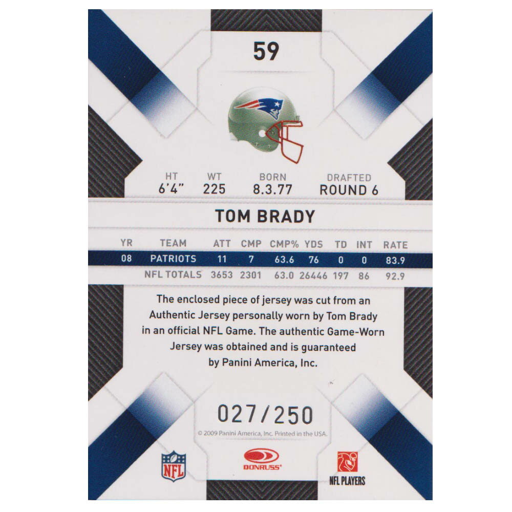 NFL トム・ブレイディ ペイトリオッツ トレーディングカード/スポーツカード 1点物 2009 ジャージ カード Donruss