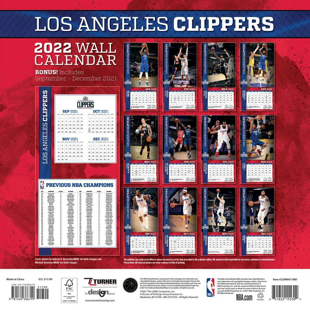 NBA カレンダー 2022年 クリッパーズ 12X12 TEAM 壁掛け CALENDAR Turner 2