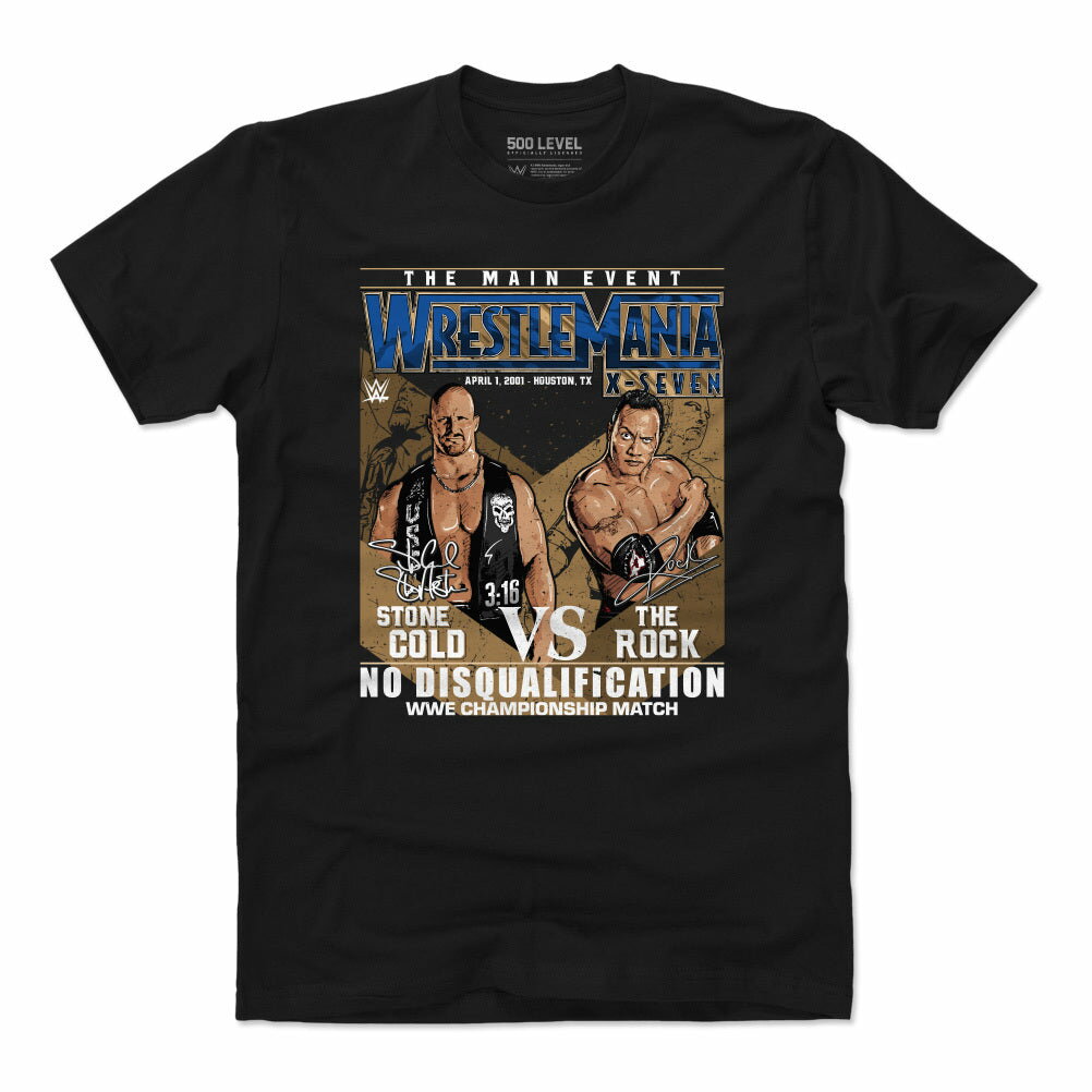 WWE ザ・ロック / ストーン・コールド・スティーブ・オースチン Tシャツ Pay-Per-Views Wrestlemania X-Seven 500Level ブラック