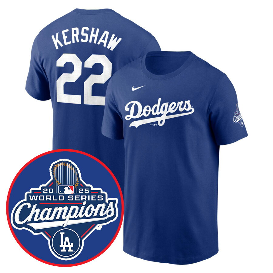MLB クレイトン・カーショー ドジャース Tシャツ 【海外モデル】ワールドシリーズ2025優勝記念 ネーム＆ナンバー ナイキ/Nike ロイヤル