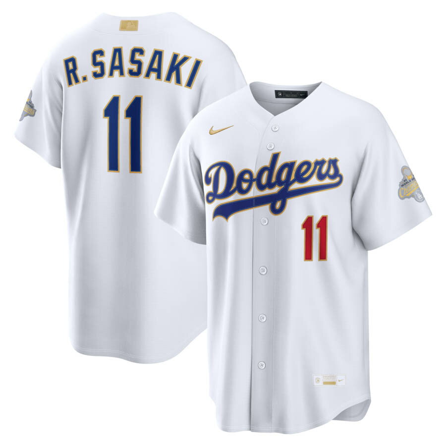 Rakuten - MLB 佐々木朗希 ドジャース ユニフォーム WS2025優勝 ゴールドコレクション スタジアムジャージ Jersey ナイキ/Nike ホワイト