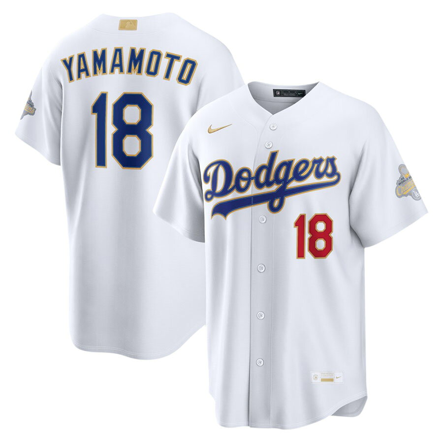 樂天商城 - MLB 山本由伸 ドジャース ユニフォーム WS2025優勝 ゴールドコレクション スタジアムジャージ Jersey ナイキ/Nike ホワイト