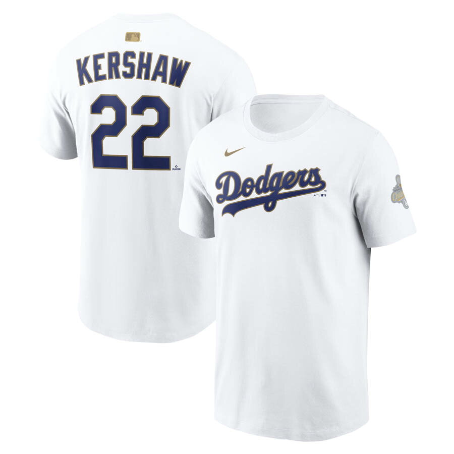MLB クレイトン・カーショー ドジャース Tシャツ 【海外モデル】WS2025優勝 ゴールドコレクション ネーム＆ナンバー ナイキ/Nike ホワイト
