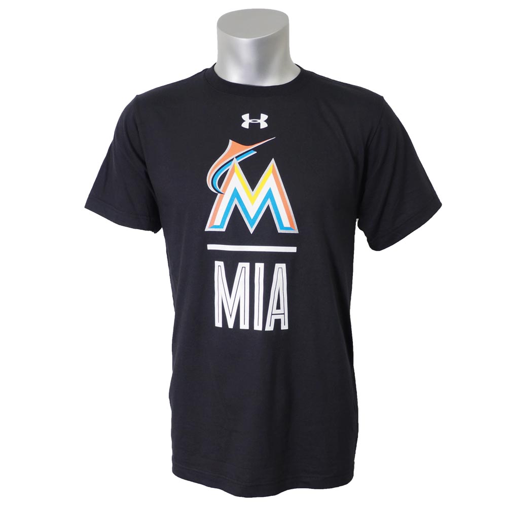 乐天商城 - MLB マーリンズ Tシャツ 半袖 UA パフォーマンス スラッシュ アンダーアーマー/UNDER ARMOUR ブラック【OCSL】