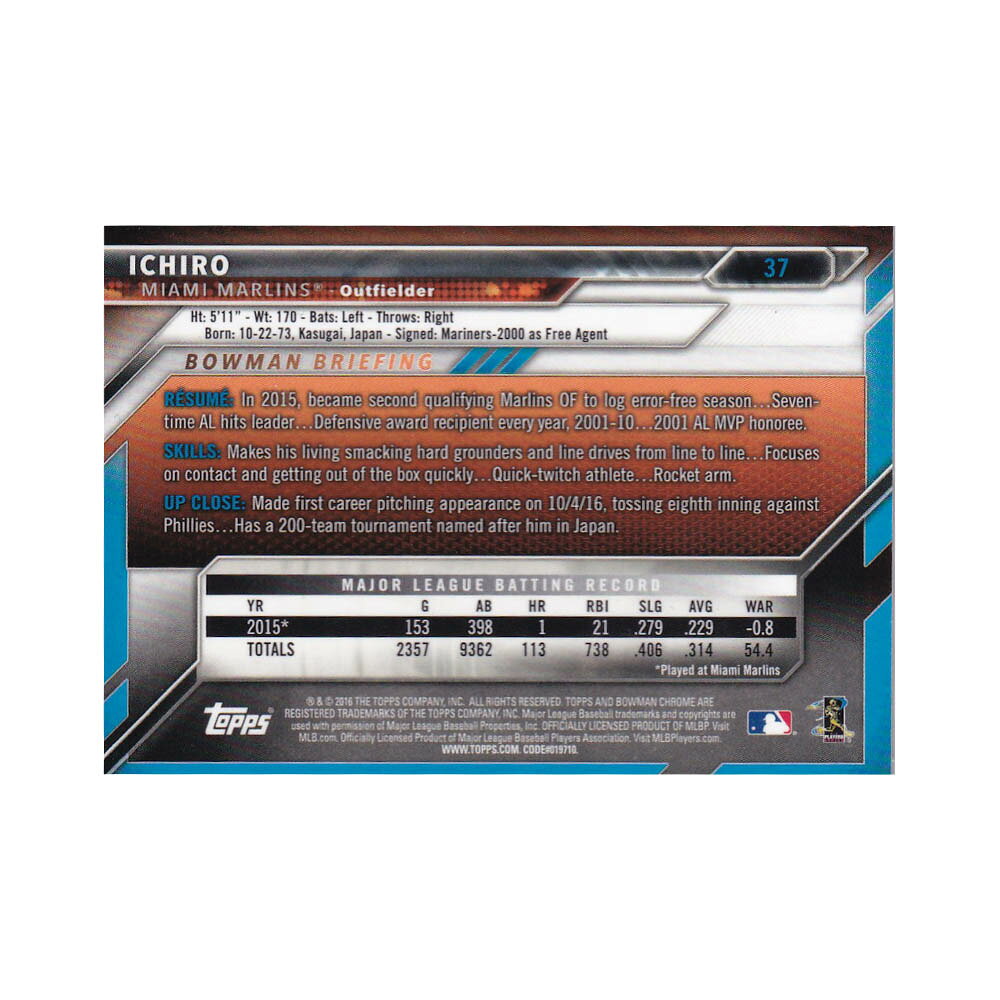 MLB.NBAグッズショップ SELECTIONのMLB マーリンズ イチロー トレーディングカード/スポーツカード 2016 #37 Topps｜アングル2
