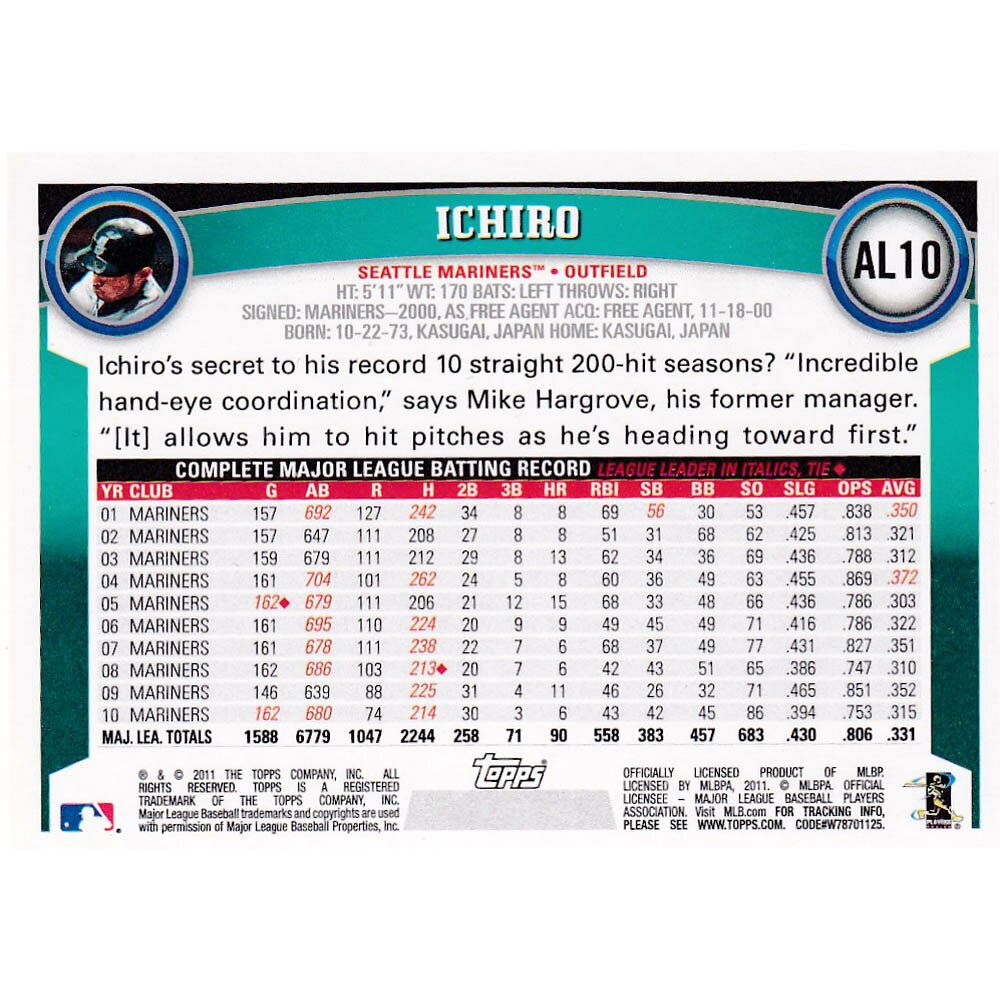 MLB イチロー シアトル・マリナーズ トレーディングカード/スポーツカード 2011 イチロー #AL10 Topps