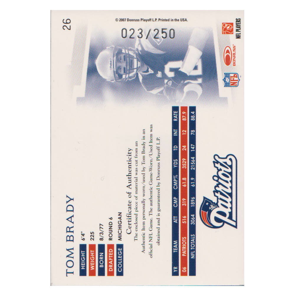 NFL トム・ブレイディ ペイトリオッツ トレーディングカード/スポーツカード 1点物 2007 ジャージ カード 23/250 Donruss