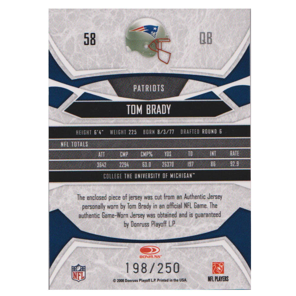 NFL �ȥࡦ�֥쥤�ǥ� �ڥ��ȥꥪ�å� �ȥ졼�ǥ��󥰥�����/���ݡ��ĥ����� 1��ʪ 2008 ���㡼�� ������ 198/250 Donruss