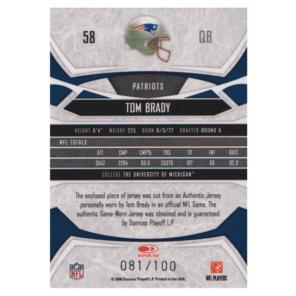 NFL トム・ブレイディ ペイトリオッツ トレーディングカード/スポーツカード 1点物 2008 ジャージ カード 81/100 Donruss