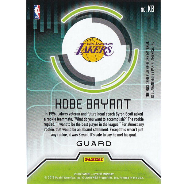 NBA コービー・ブライアント レイカーズ トレーディングカード/スポーツカード 2018 Kobe jersey #KB 29/50 Panini