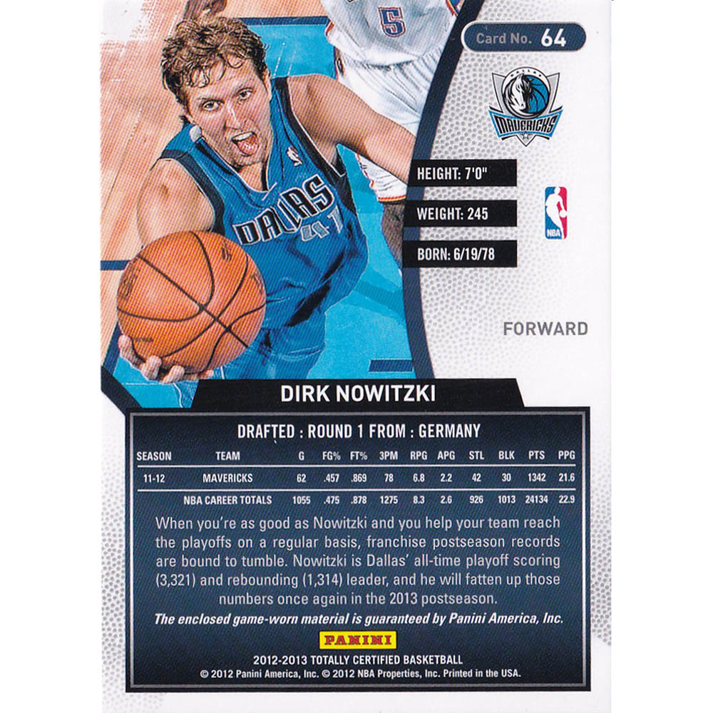 NBA ダーク・ノビツキー ダラス・マーベリックス トレーディングカード 2012-13 Totally Certified Memorabilia Card Panini