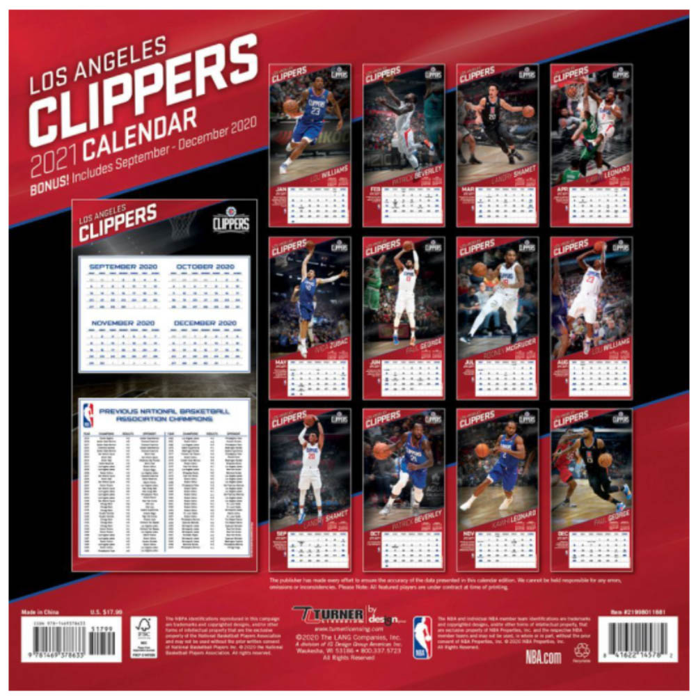 クリッパーズ カレンダー NBA 2021年版 チーム 壁掛け ポスター インテリア Turner