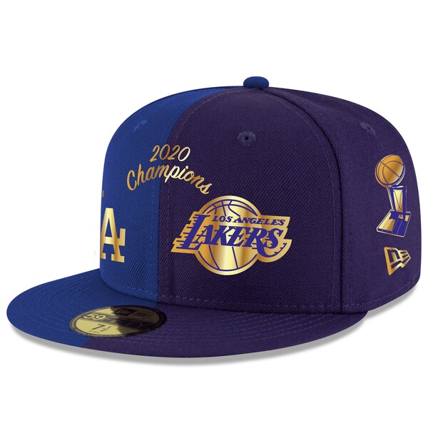 【取寄】レイカーズ ＆ ドジャース キャップ ロサンゼルス デュアルチャンピオン W優勝記念 ニューエラ 59FIFTY NewEra 帽子 ロイヤル パープル