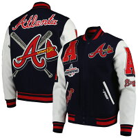 【取寄】MLB ブレーブス ジャケット Mash Up Logo Varsity フルジップ アウター Pro Standard ネイビー - 
ハイクオリティのMLBアウターを求めるならプロスタンダードがオススメ！
