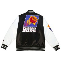 NBA フェニックス・サンズ ジャケット サテン Team Origins Varsity Jacket ミッチェル＆ネス/Mitchell & Ness ブラック - 
ミッチェル＆ネスの新作アウター！スタジャン風のサテンバーシティー！マニアックなチームも！
