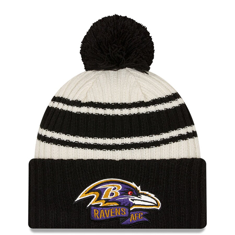 NFL レイブンズ ニットキャップ 2022 サイドライン Sideline Sport Cuffed Pom Knit Hat ニューエラ/New Era クリーム ブラック