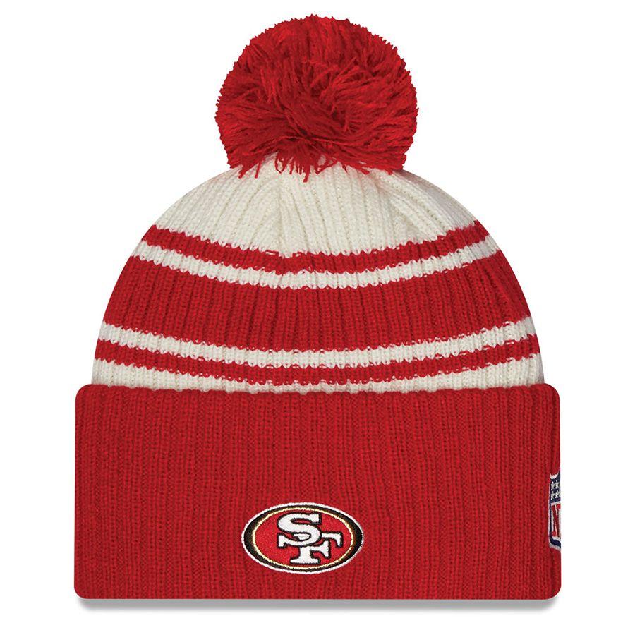 NFL 49ers ニットキャップ 2022 サイドライン Sideline Sport Cuffed Pom Knit Hat ニューエラ/New Era クリーム レッド 2