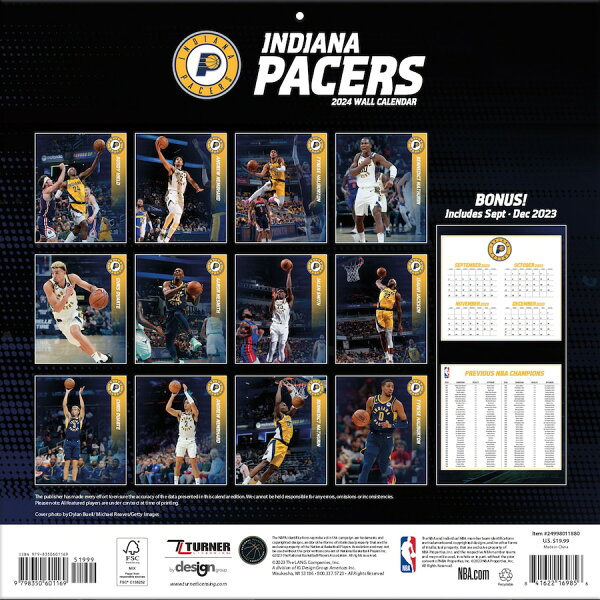 【取寄】NBA ペイサーズ カレンダー 2024 Team 壁掛け Wall Calendar Turner