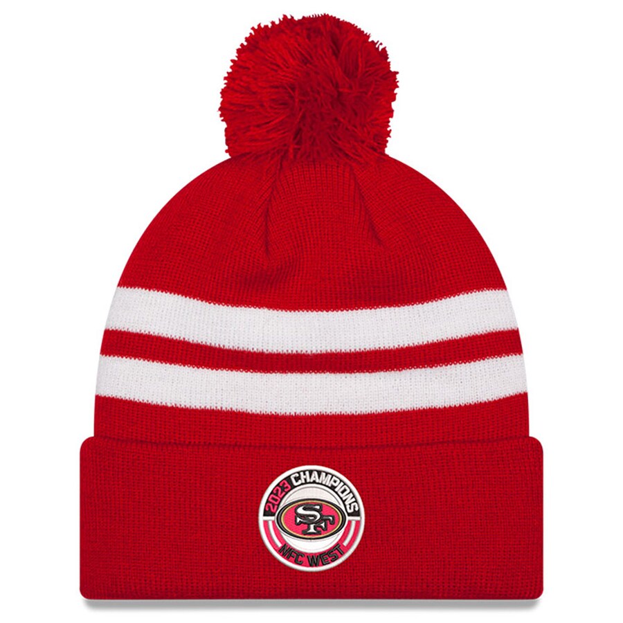 NFL 49ers ニットキャップ 2023 NFC 西地区 ディビジョン優勝記念 Top Stripe Pom Knit Hat ニューエラ/New Era スカーレット