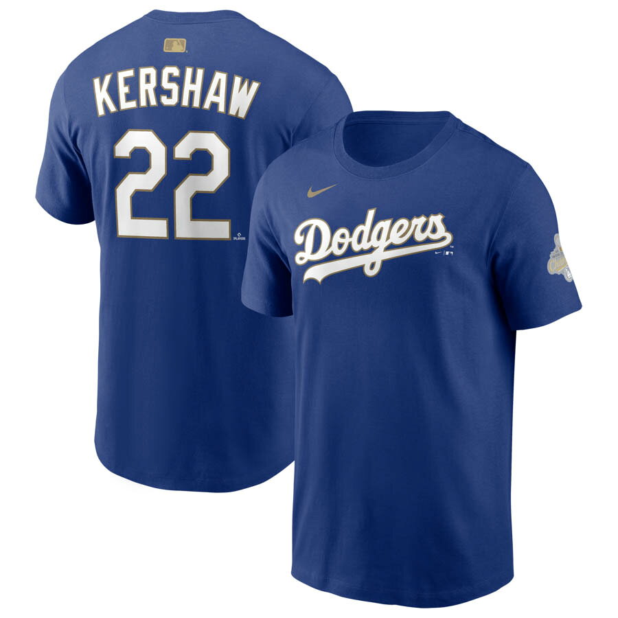 MLB クレイトン・カーショー ドジャース Tシャツ 【海外モデル】WS2025優勝 ゴールドコレクション ネーム＆ナンバー ナイキ/Nike ロイヤル