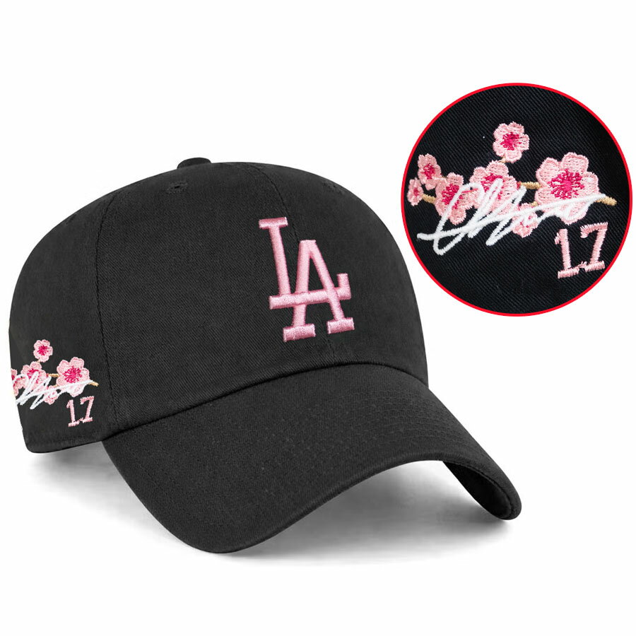 樂天商城 - MLB 大谷翔平 ドジャース キャップ 【海外カスタム】サイン刺繍 Clean Up Cap 桜パッチ 47Brand ブラック ピンク