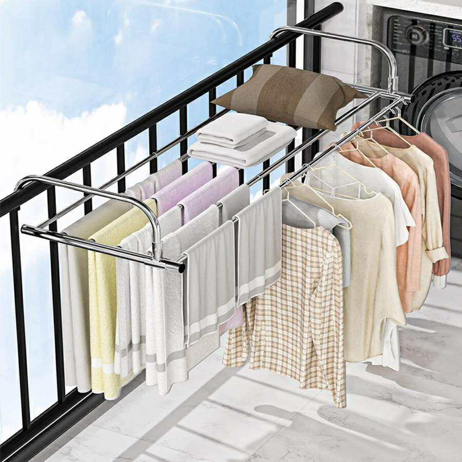伸縮 ベランダ 手すり、ステンレス製ベランダ用 物干しラック 窓枠手すり、バルコニー乾燥靴台、調整可能なハンドル バルコニー窓、ラジエーター、パラペット、