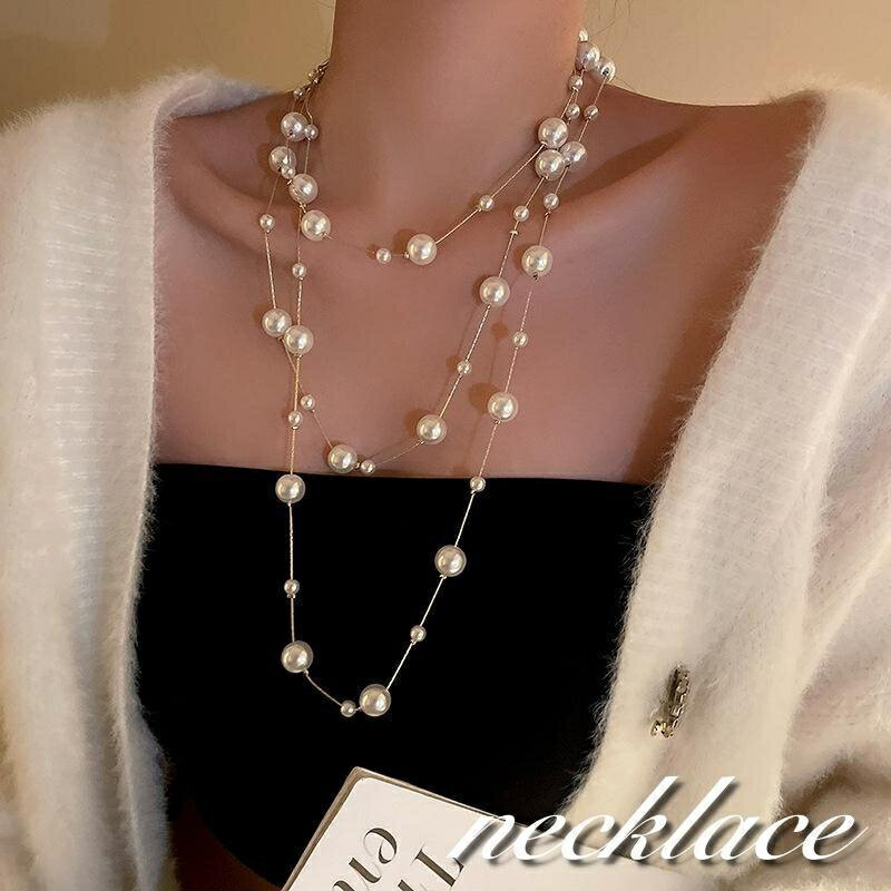 ネックレス ロング 三重 3連 パール調 チェーン レディース 女性 アクセサリー フェイクパール おしゃれ 華やか 大人可愛い ギフト プレゼント