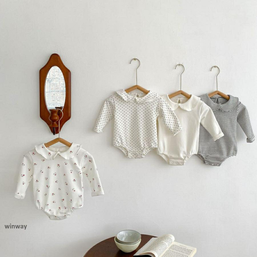 其它 - ロンパース 長袖 襟付き ベビー服 赤ちゃん 新生児 子供 女の子 男の子 ドット 無地 かわいい おしゃれ 66 73 80 90cm