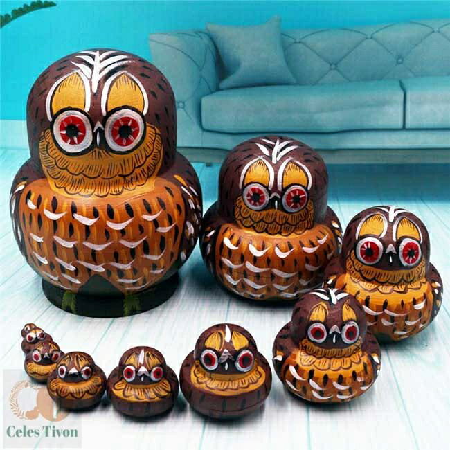 マトリョーシカ ロシア民芸品 土産物 手作り人形 手描き フクロウ オブジェ 10個組 木製 インテ ...