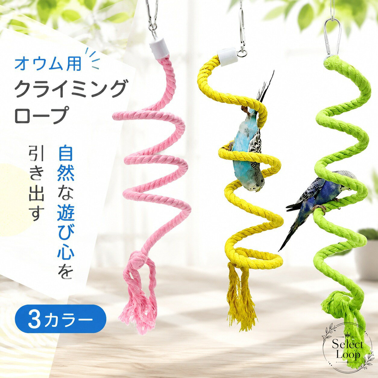 コットンロープを使った、吊り下げ式の鳥用ロープパーチです。内蔵ワイヤーで形を変えやすく、螺旋階段のようなレイアウトにも対応します。商品特徴：フックで簡単に設置でき、ケージ内を遊び場として活用できます。適用シーン：セキセイインコ、オカメインコ、コザクラインコなどのケージ遊具に。規格情報：長さ 1m / 1.5m、素材 コットン・ステンレスワイヤー・スチールフック、カラー グリーン・ピンク・イエロー。使用上の注意：綿素材の特性上、多少のほつれが出る場合があります。定期的に状態を確認し、足に絡まないよう整えてご使用ください。運動不足対策や休憩場所づくりに使いやすい、シンプルな鳥用アスレチックアイテムです。コットンロープを使った、吊り下げ式の鳥用ロープパーチです。内蔵ワイヤーで形を変えやすく、螺旋階段のようなレイアウトにも対応します。商品特徴：フックで簡単に設置でき、ケージ内を遊び場として活用できます。適用シーン：セキセイインコ、オカメインコ、コザクラインコなどのケージ遊具に。規格情報：長さ 1m / 1.5m、素材 コットン・ステンレスワイヤー・スチールフック、カラー グリーン・ピンク・イエロー。使用上の注意：綿素材の特性上、多少のほつれが出る場合があります。定期的に状態を確認し、足に絡まないよう整えてご使用ください。運動不足対策や休憩場所づくりに使いやすい、シンプルな鳥用アスレチックアイテムです。