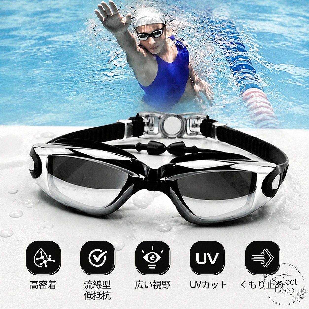 水泳ゴーグル くもり止め UVカット 一体化耳栓付き シリコンパッド 耐水性 低抵抗 流線型 広い視野 ノーズグリップ 収納ケース付き 男女兼用 スイミング用