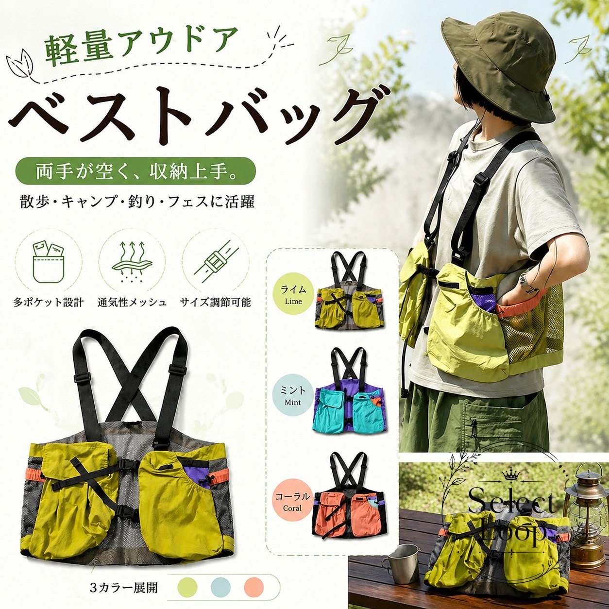 軽量で通気性のあるメッシュ素材を使った、アウトドア向けのベストバッグです。両手を空けたまま小物を持ち運べるので、日常使いから外遊びまで幅広く活躍します。商品特徴：フロントポケットとサイドメッシュポケットを備えた多ポケット設計。背面はX字構造で、フロントのバックルとあわせて安定感のある着用感を目指した作りです。適用シーン：散歩、ウォーキング、キャンプ、釣り、フェス、街歩きなどのアウトドア・レジャーに。?格情報：フリーサイズ。ショルダーベルトおよびフロント/背面ベルトでサイズ調節が可能です。カラーはライム、ミント、コーラルの3色です。使用・注意事項：普段着の上から羽織るように着用できます。収納物のサイズや重量によっては見た目やフィット感が変わるため、無理のない範囲でご使用ください。両手を空けながら必要なものをまとめて持ち歩きたい方におすすめです。軽量で通気性のあるメッシュ素材を使った、アウトドア向けのベストバッグです。両手を空けたまま小物を持ち運べるので、日常使いから外遊びまで幅広く活躍します。商品特徴：フロントポケットとサイドメッシュポケットを備えた多ポケット設計。背面はX字構造で、フロントのバックルとあわせて安定感のある着用感を目指した作りです。適用シーン：散歩、ウォーキング、キャンプ、釣り、フェス、街歩きなどのアウトドア・レジャーに。?格情報：フリーサイズ。ショルダーベルトおよびフロント/背面ベルトでサイズ調節が可能です。カラーはライム、ミント、コーラルの3色です。使用・注意事項：普段着の上から羽織るように着用できます。収納物のサイズや重量によっては見た目やフィット感が変わるため、無理のない範囲でご使用ください。両手を空けながら必要なものをまとめて持ち歩きたい方におすすめです。