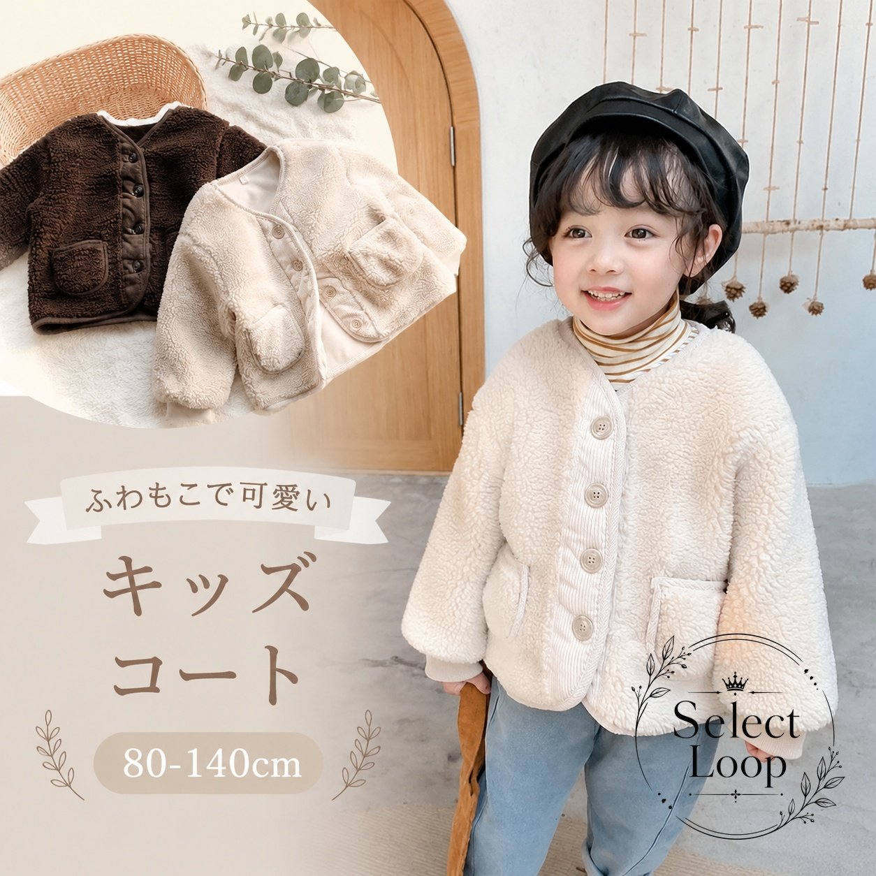 商品特徴ふんわりと軽くて暖かいフリースボア素材を採用したキッズ用アウターです。首元がすっきりとしたノーカラーデザインで、重ね着やハイネックとの相性も抜群です。前ボタン仕様で着脱しやすく、両サイドに便利なポケットが付いています。男の子・女の子問わず着られるユニセックスなアースカラー展開です。適用シーン毎日の通園・通学、公園遊び、休日のお出かけなどの防寒着として幅広く活躍します。規格情報素材：綿、ポリエステルカラー：ベージュ、ブラウン対応サイズ：80cm / 90cm / 100cm / 110cm / 120cm / 130cm / 140cm原産国：中国使用・注意事項お客様のモニター環境により実物の色合いと若干異なる場合がございます。生産時期により生地の質感やパーツ仕様に若干の差異が生じる場合がございます。摩擦による色移りや毛玉立ちを防ぐため、洗濯ネットのご使用をおすすめいたします。商品特徴ふんわりと軽くて暖かいフリースボア素材を採用したキッズ用アウターです。首元がすっきりとしたノーカラーデザインで、重ね着やハイネックとの相性も抜群です。前ボタン仕様で着脱しやすく、両サイドに便利なポケットが付いています。男の子・女の子問わず着られるユニセックスなアースカラー展開です。適用シーン毎日の通園・通学、公園遊び、休日のお出かけなどの防寒着として幅広く活躍します。規格情報素材：綿、ポリエステルカラー：ベージュ、ブラウン対応サイズ：80cm / 90cm / 100cm / 110cm / 120cm / 130cm / 140cm原産国：中国使用・注意事項お客様のモニター環境により実物の色合いと若干異なる場合がございます。生産時期により生地の質感やパーツ仕様に若干の差異が生じる場合がございます。摩擦による色移りや毛玉立ちを防ぐため、洗濯ネットのご使用をおすすめいたします。