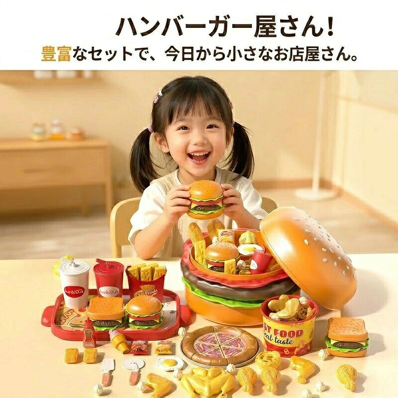 おままごとセット 102点 大容量 ハンバーガー型収納ケース付き ABS製 ファーストフ...