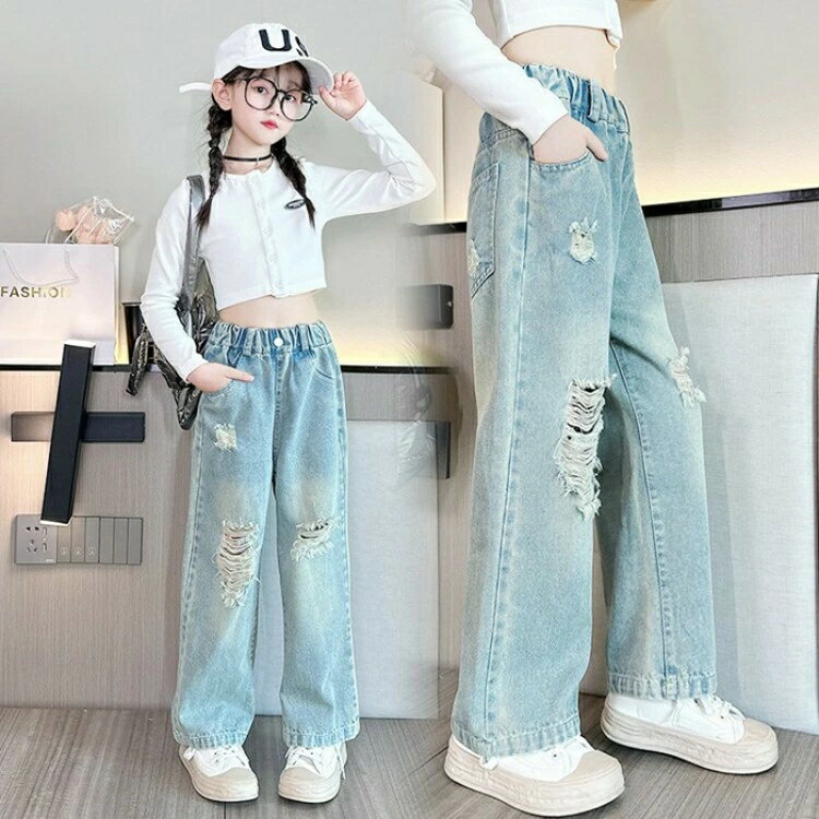 楽天Select Loop女の子 ダメージデニムパンツ キッズジーンズ 人気のストレートフィット 110cm 120cm 130cm 140cm 150cm サイズ展開豊富 長ズボン 子ども服 おしゃれ 入学準備 普段着 ギフト プレゼント 耐磨れ 伸縮性良い 秋冬 春 季節問わず 洗濯安心
