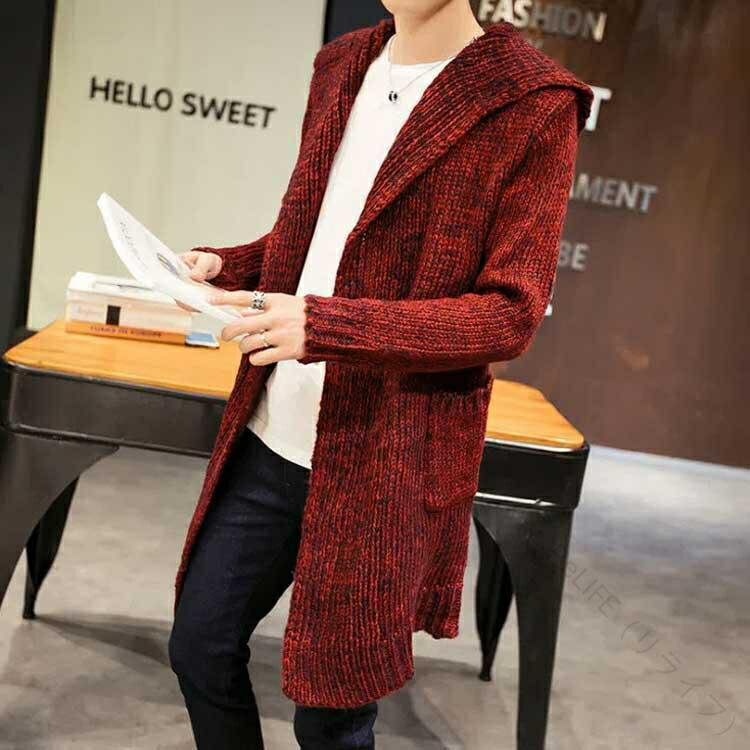 ニットカーディガン ロング フード付き メンズ コーディガン ロングコート ニット 羽織り アウター 厚手 秋物 冬物 ショールカラー ボタンレス しっかり防寒で快適な着心地の男女兼用ファッションアイテム 2
