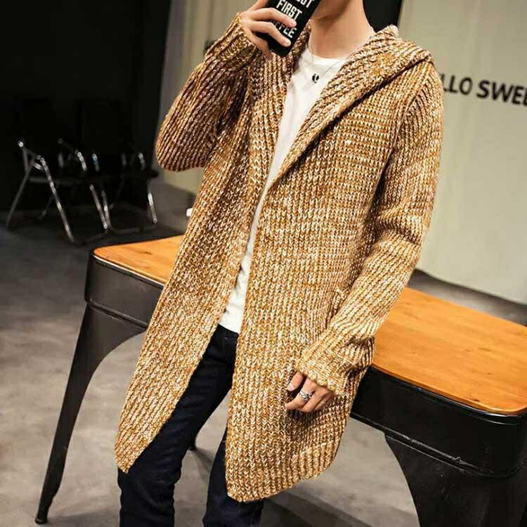 ニットカーディガン ロング フード付き メンズ コーディガン ロングコート ニット 羽織り アウター 厚手 秋物 冬物 ショールカラー ボタンレス しっかり防寒で快適な着心地の男女兼用ファッションアイテム 3