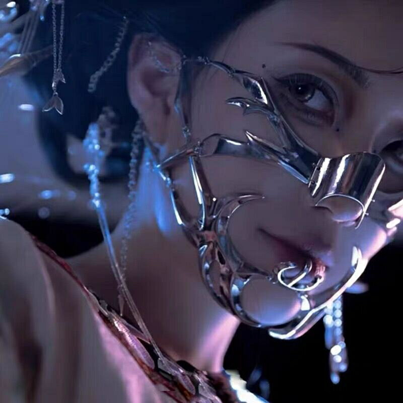 サイバーパンクスタイルの金属製のあごマスク。女性用のマスクや口サポーター、男性用のコスプレ用バイ..