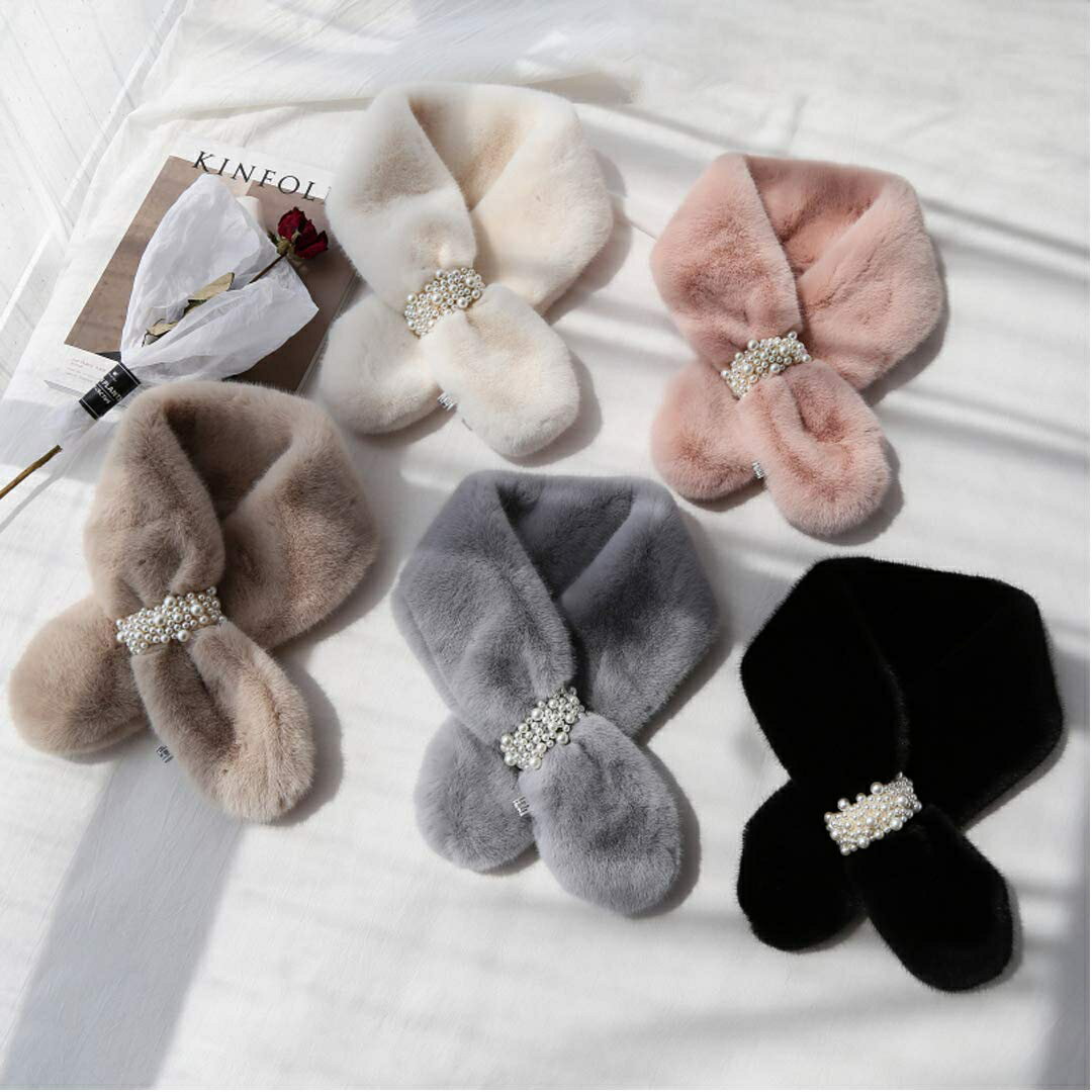 普段使いからパーティーシーンまで使える エコファー パール付き ティペット フェイクファー ふわふわ ストール マフラー