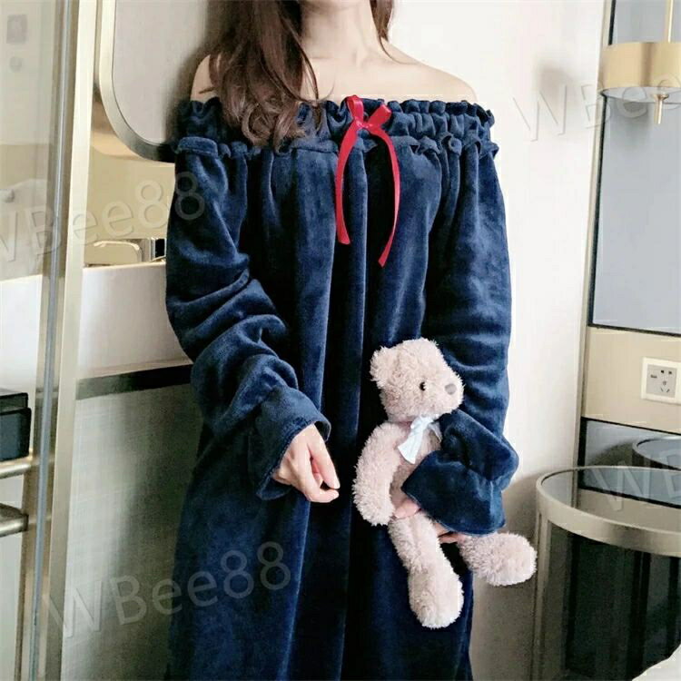 ルームウェア レディース ネグリジェ パジャマ 部屋着 もこもこ 秋冬 ワンピース 冬 裏起毛 着る毛布 冬 ガウン モコモコ 長袖 リボン付き