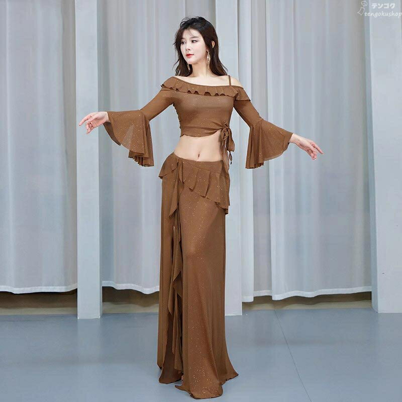全4色 ベリーダンス 衣装 セット Belly dance ドレス インナーパンツ付き ベリーダンス衣装 2点セット 大人 大きいサイズ 発表会 練習着 ダンスセット 社交ダンス レッスンウェア レッスン着 レディース トップス+スカート 長袖 スピーカー袖 M L XL 送料無料 2